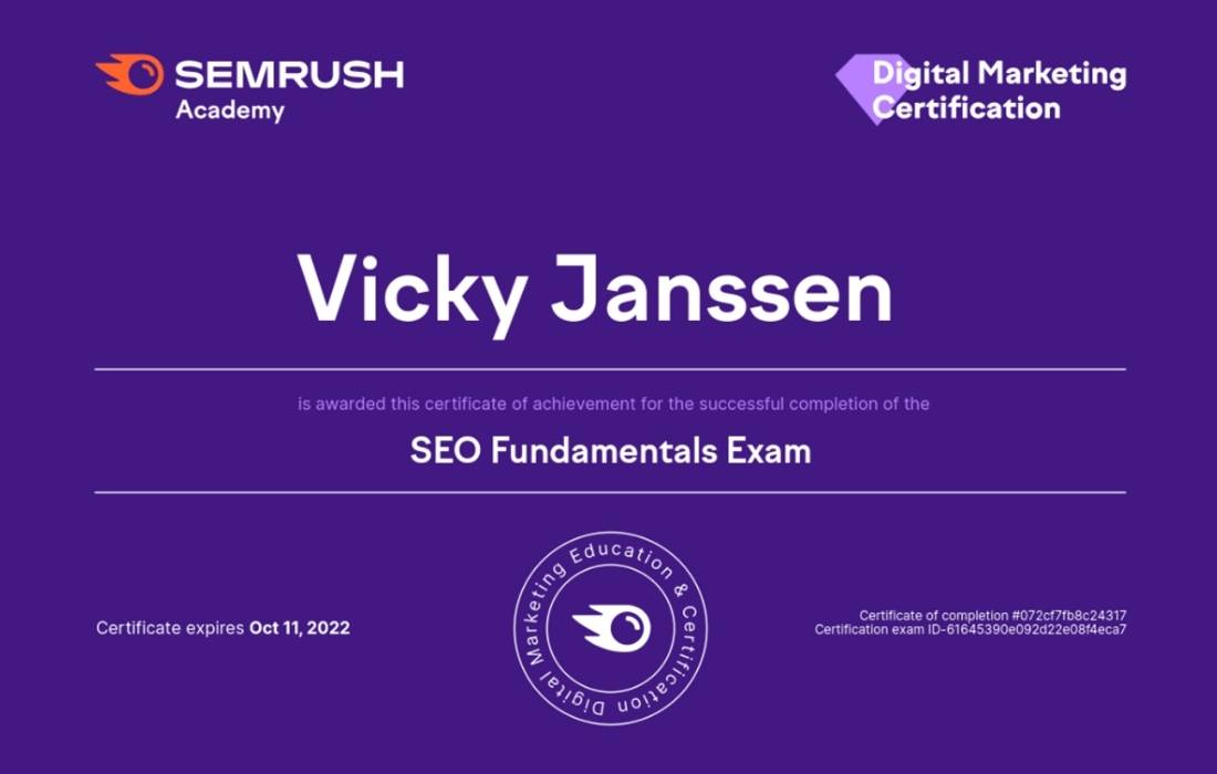 Vicky Janssen certificaat SEO fundamentals