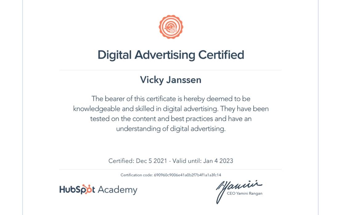 Vicky Janssen certificaat digital advertising