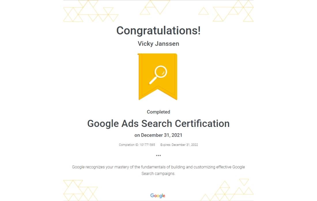 Vicky Janssen certificaat google ads search